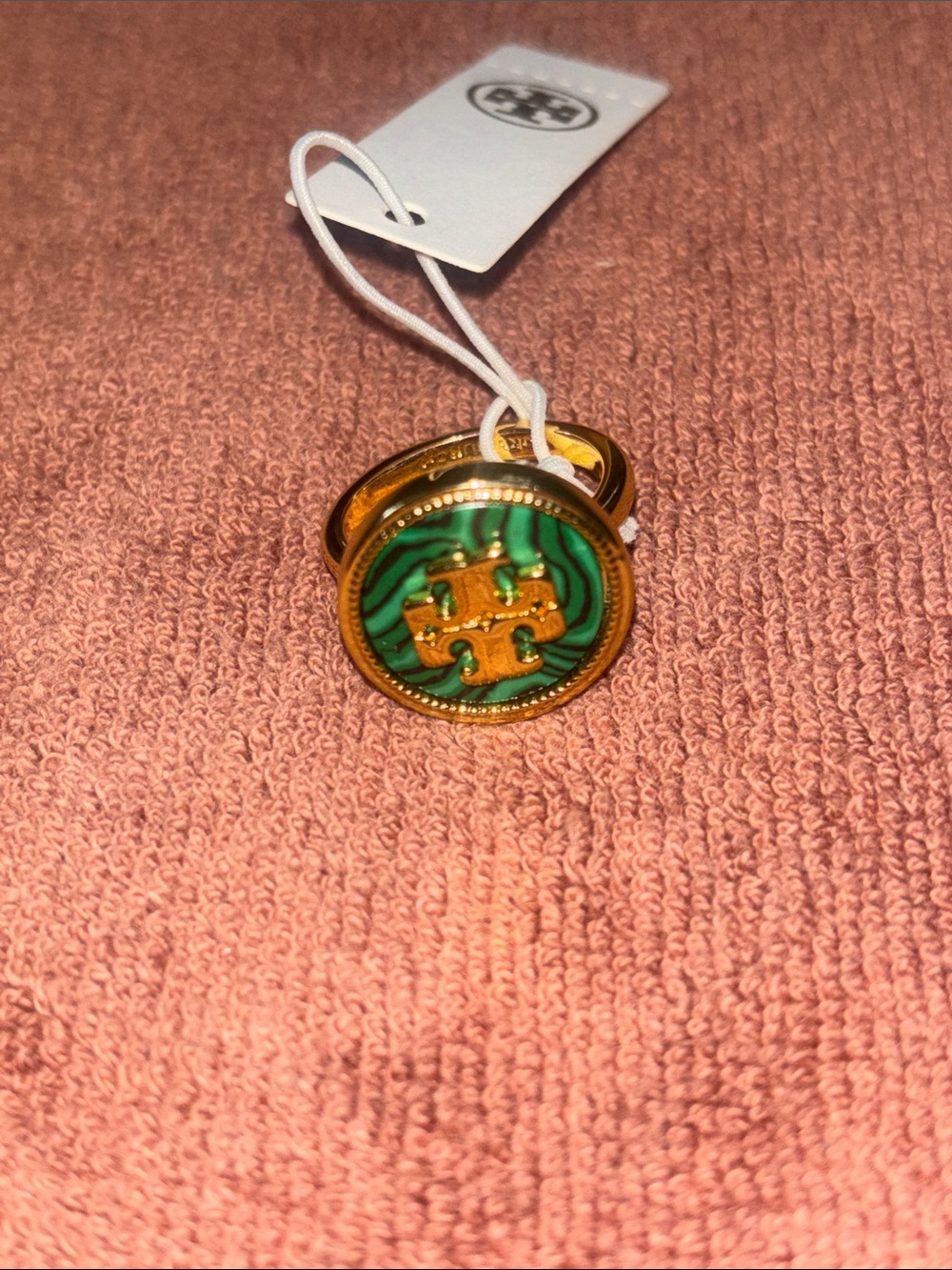 Tory Burch Gold Ring with Green Marbled Logo